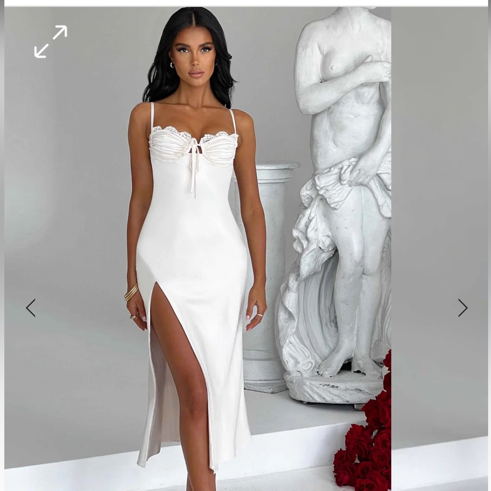 Satin dress. NWT. Midi. Tie back. White/light cream color.